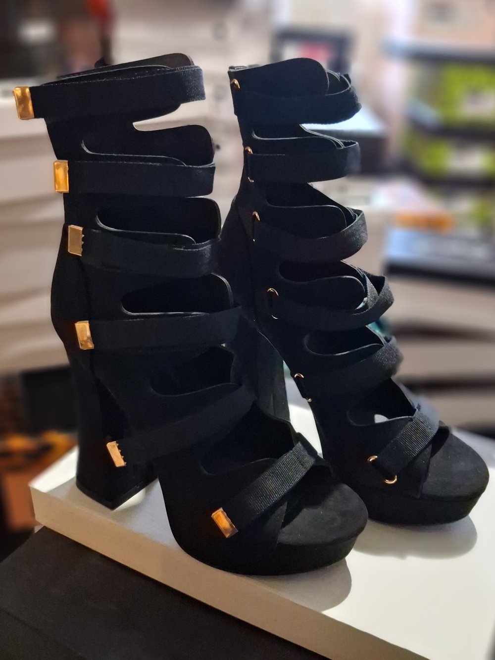 So Me Black Strappy Block Heel Sandals with Gold Accents - Picture 2 of 4